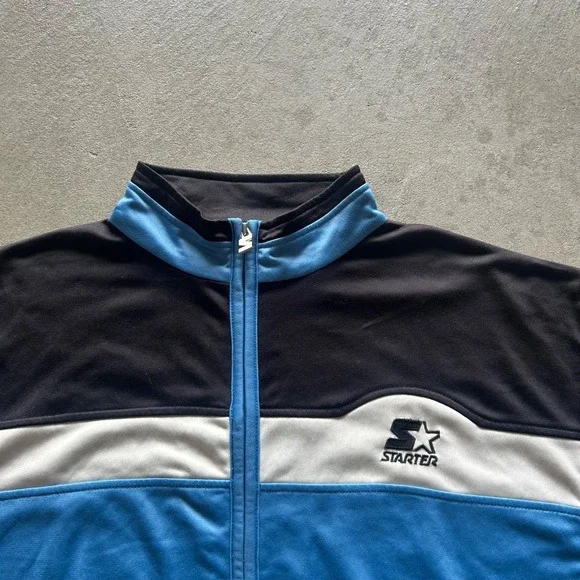 Vintage 90s Starter Jacket Size Large Black Blue Full Zip Embroidered Logo - Picture 2 of 6